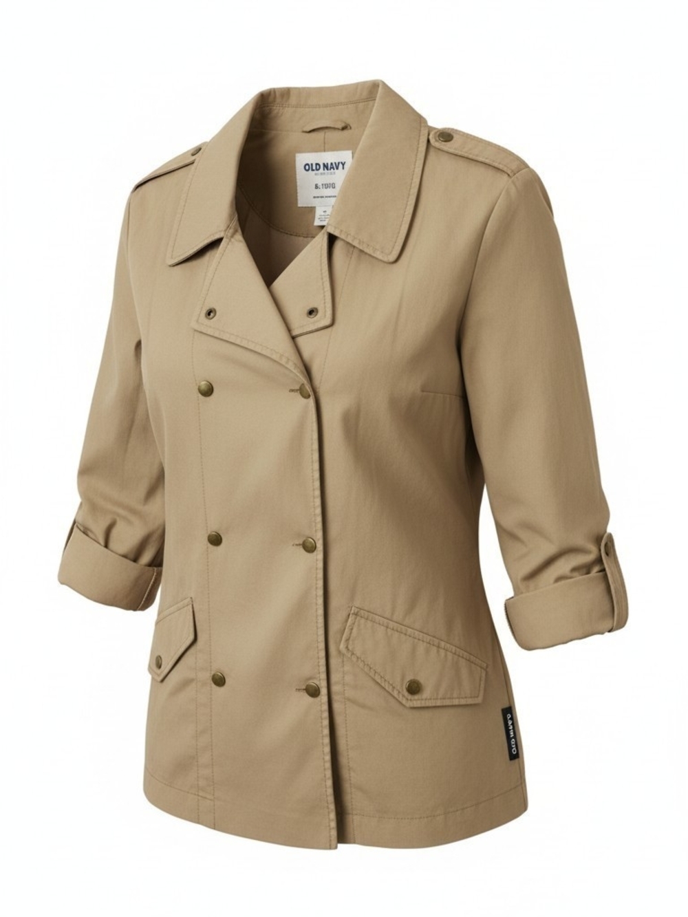 Old Navy Women’s XL Tan Khaki Utility Trench Jacket Snap Front Roll Tab Sleeve